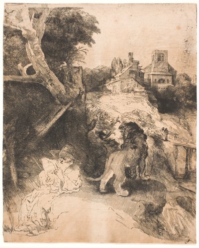 Svatý Jeroným při čtení v italské krajině od Rembrandt van Rijn