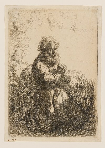 Svatý Jeroným klečí v modlitbě a sklání zrak od Rembrandt van Rijn