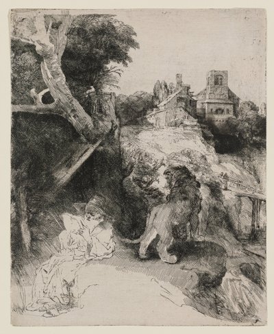 Svatý Jeroným čte v italské krajině od Rembrandt van Rijn
