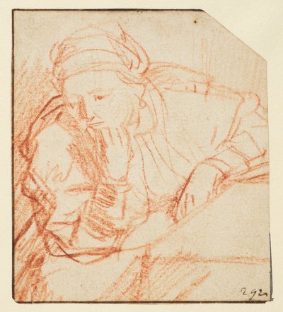 Saskia seděla u stolu, od Rembrandt van Rijn