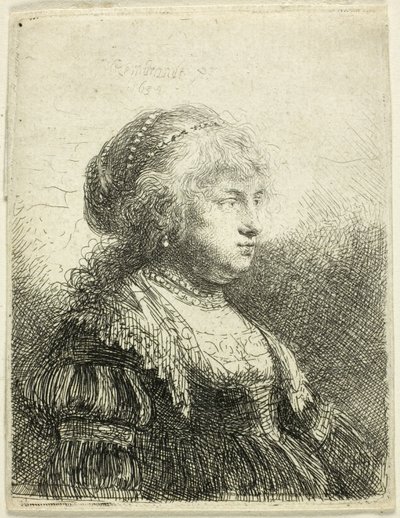 Saskia s perlami ve vlasech od Rembrandt van Rijn