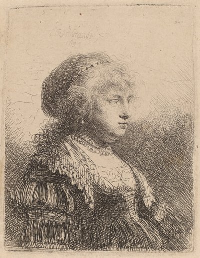 Saskia s perlami ve vlasech, 1634 od Rembrandt van Rijn