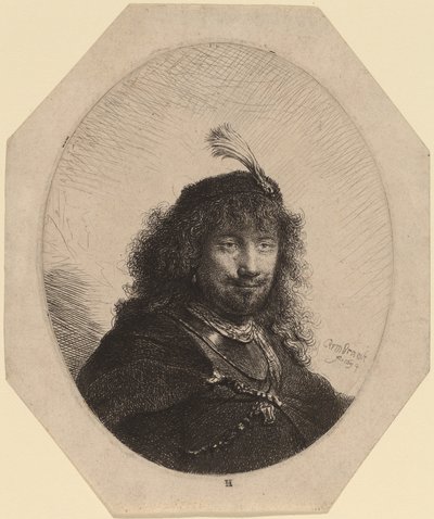 Autoportrét (?) s opeřenou čepicí a spuštěnou šavlí od Rembrandt van Rijn