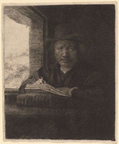 Kresba autoportrétu v okně od Rembrandt van Rijn