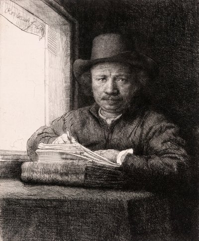 Kresba autoportrétu v okně od Rembrandta van Rijna od Rembrandt van Rijn