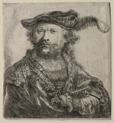 Autoportrét v sametové čepici s chocholem od Rembrandt van Rijn