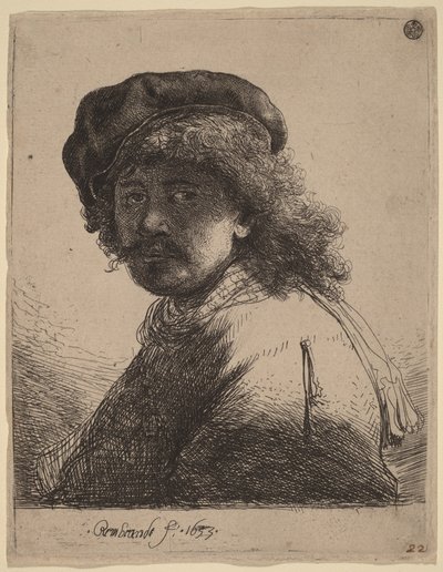 Autoportrét v čepici a šále s tmavým obličejem od Rembrandt van Rijn