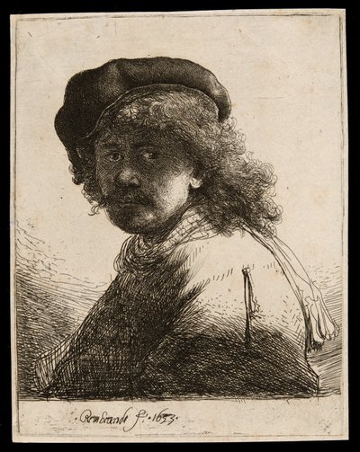Autoportrét v čepici a šátku s tmavým obličejem: Poprsí od Rembrandt van Rijn