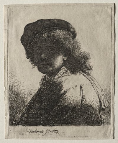 Autoportrét v čepici a šátku s tmavým obličejem: Poprsí od Rembrandt van Rijn