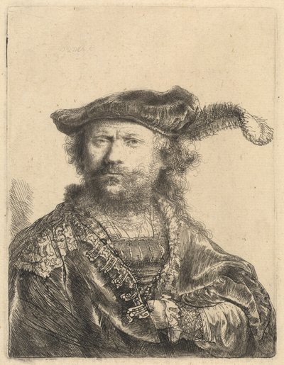 Autoportrét v sametové čepici s chocholem od Rembrandt van Rijn