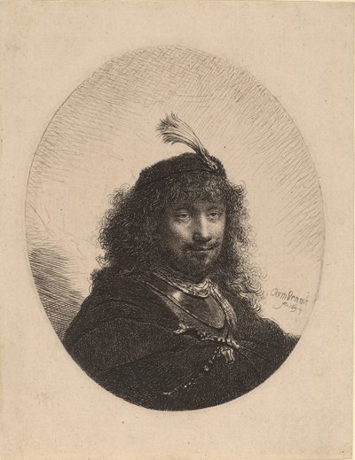 Autoportrét s opeřenou čepicí a spuštěnou šavlí, 1634. od Rembrandt van Rijn
