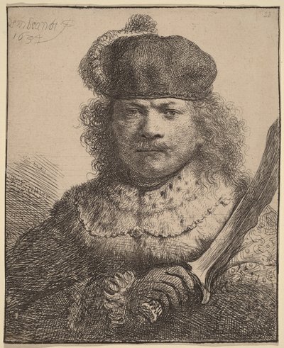Autoportrét se zvednutou šavlí od Rembrandt van Rijn