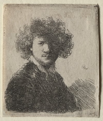 Autoportrét s kudrnatými vlasy a bílým límečkem: Poprsí od Rembrandt van Rijn