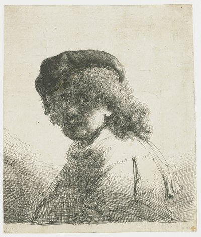 Autoportrét v čepici a šátku s tmavým obličejem: poprsí od Rembrandt van Rijn