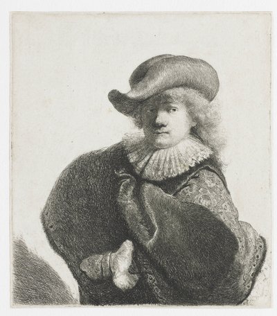 Autoportrét v měkkém klobouku a vzorovaném plášti od Rembrandt van Rijn