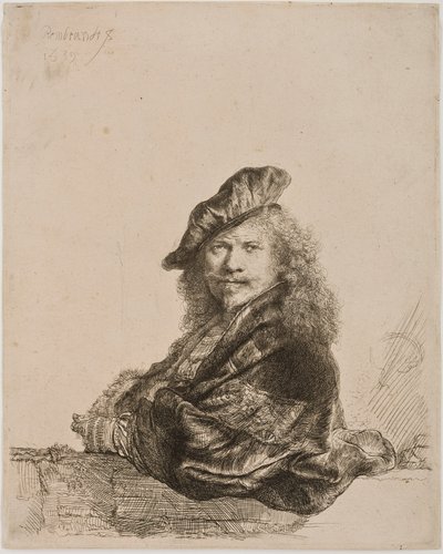 Autoportrét opřený o okenní parapet, 1639 (lept a suchá jehla) od Rembrandt van Rijn