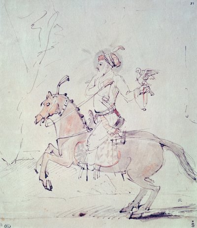 Shah Jehan se sokolem na koni (pero a inkoust a wc na papíře) od Rembrandt van Rijn