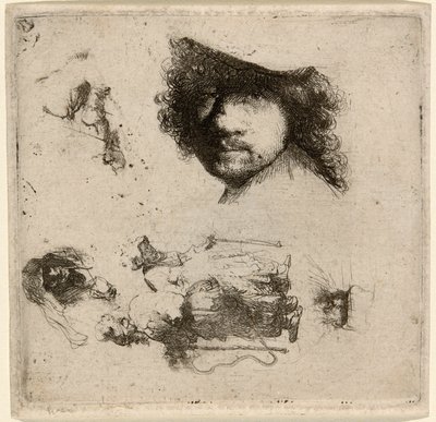 Studijní list: Hlava umělce, Žebrácký pár, Hlavy starce a stařeny atd. od Rembrandt van Rijn