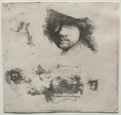 Studijní list: Autoportrét, žebrácký pár atd. od Rembrandt van Rijn