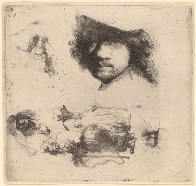 List studií včetně hlavy umělce, žebráckého páru, hlav starého muže a staré ženy od Rembrandt van Rijn