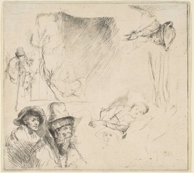 List studií s nemocnou ženou v posteli atd., ca. 164142. od Rembrandt van Rijn