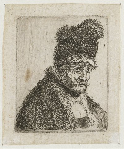 Série studií mužské hlavy: starý muž v kožichu a vysoké čepici od Rembrandt van Rijn