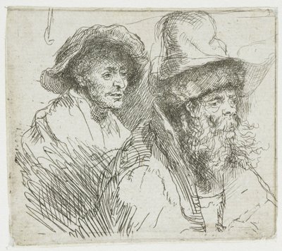 List s kresbami, na kterém leží nemocná žena v posteli: poprsí dvou mužských postav od Rembrandt van Rijn