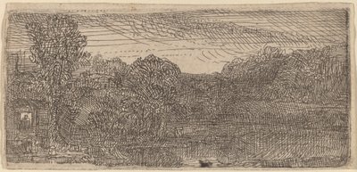 Malá šedá krajina: dům a stromy vedle bazénu od Rembrandt van Rijn