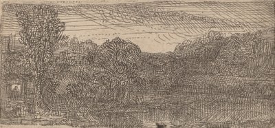 Malá šedá krajina: dům a stromy vedle bazénu, c. 1640. od Rembrandt van Rijn