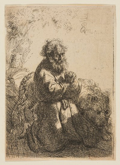 Svatý Jeroným klečí v modlitbě a dívá se dolů od Rembrandt van Rijn