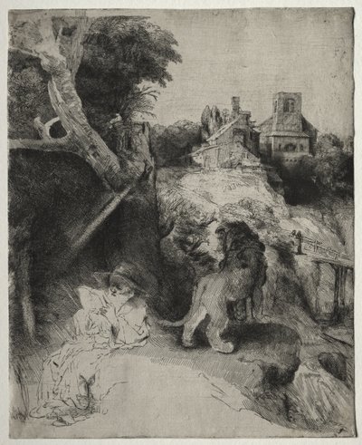 Svatý Jeroným Čtení v italské krajině od Rembrandt van Rijn