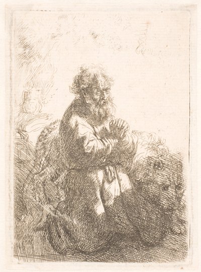 Svatý Jeroným klečí v modlitbě a dívá se dolů od Rembrandt van Rijn