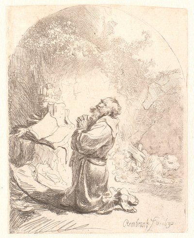 Svatý Jeroným se modlí: obloukový tisk od Rembrandt van Rijn