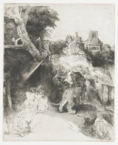 Svatý Jeroným čte v italské krajině od Rembrandt van Rijn