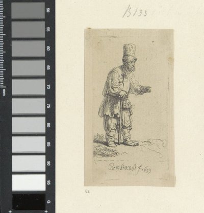 Stojící farmář s vysokou pokrývkou hlavy, opírající se o hůl Recueil de quatre-vingt-cinq estampes originales (název série) od Rembrandt van Rijn