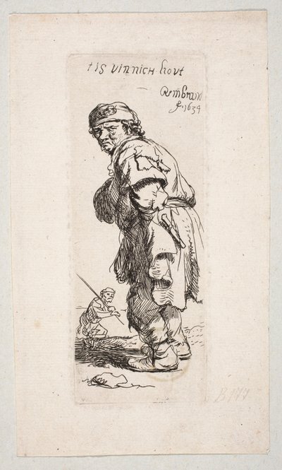 Stojící venkovan otočený doleva a postava s holí v pozadí „Tis vinnich Kout“ od Rembrandt van Rijn