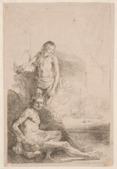 Studie aktů: jeden muž sedící a druhý stojící; v pozadí je lehce naznačena žena s dítětem od Rembrandt van Rijn