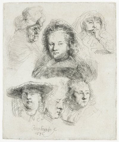 Studie hlavy Saskie a dalších od Rembrandt van Rijn