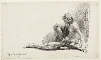 Studie podle aktu (Muž sedící na zemi) (Bartsch 196, druhý ze dvou tisků; H. 221; Muntz 137 II) od Rembrandt van Rijn