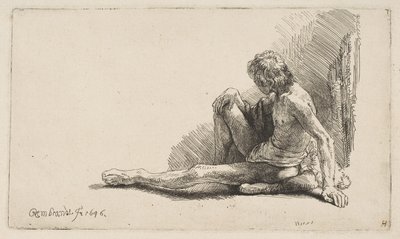 Studie z Nude: Muž sedící na zemi, s jednou nohou prodlouženou, 1646. od Rembrandt van Rijn