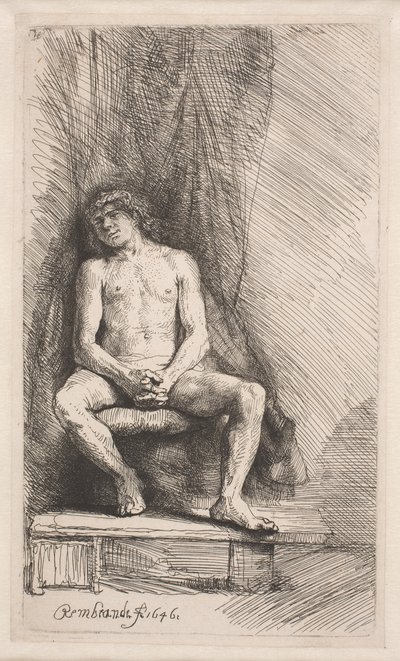 Studie podle aktu: sedící muž před závěsem od Rembrandt van Rijn