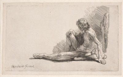 Studie podle aktu: muž sedící na zemi s jednou nohou nataženou od Rembrandt van Rijn