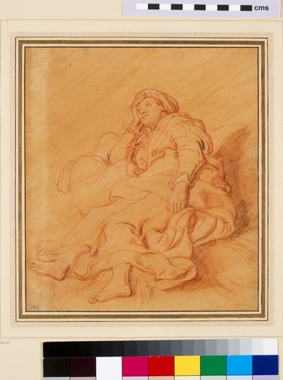 Studie postavy Ráchel, kolem roku 1621 (červená křída s černou a bílou křídou na oranžovém připraveném papíře) od Rembrandt van Rijn