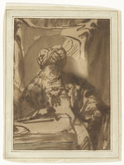 Herec Willem Bartholsz Ruyter v roli krále Ahasvera na trůnu od Rembrandt van Rijn