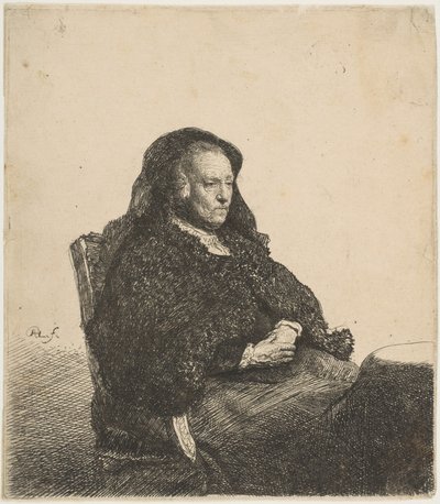 Matka umělkyně sedí u stolu a dívá se správně: Délka tří čtvrtin, ca. 1631. od Rembrandt van Rijn