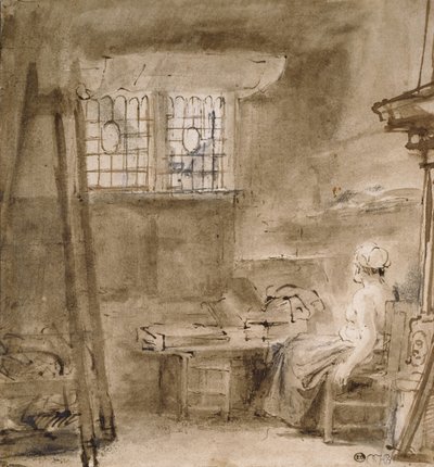 Umělcův ateliér, 1659 (pero a dva odstíny hnědé tuše, šedohnědá lazura, několik oprav bílou barvou) od Rembrandt van Rijn