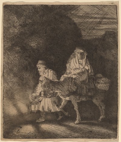 Útěk do Egypta: Noční kousek od Rembrandt van Rijn