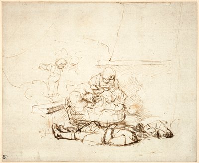 Svatá rodina spí, s anděly, 1645 (pero a inkoust s kvašem na papíře) od Rembrandt van Rijn