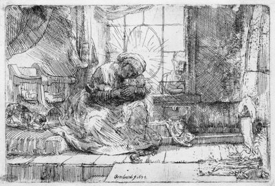 Svatá rodina s kočkou, 1654 od Rembrandt van Rijn