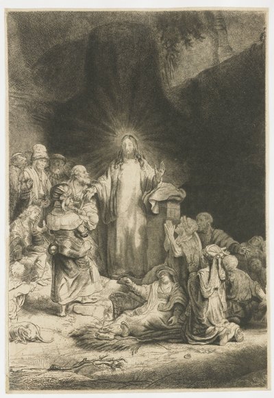 Tisk „Sto guldenů“: ústřední motiv s Kristem kázajícím od Rembrandt van Rijn